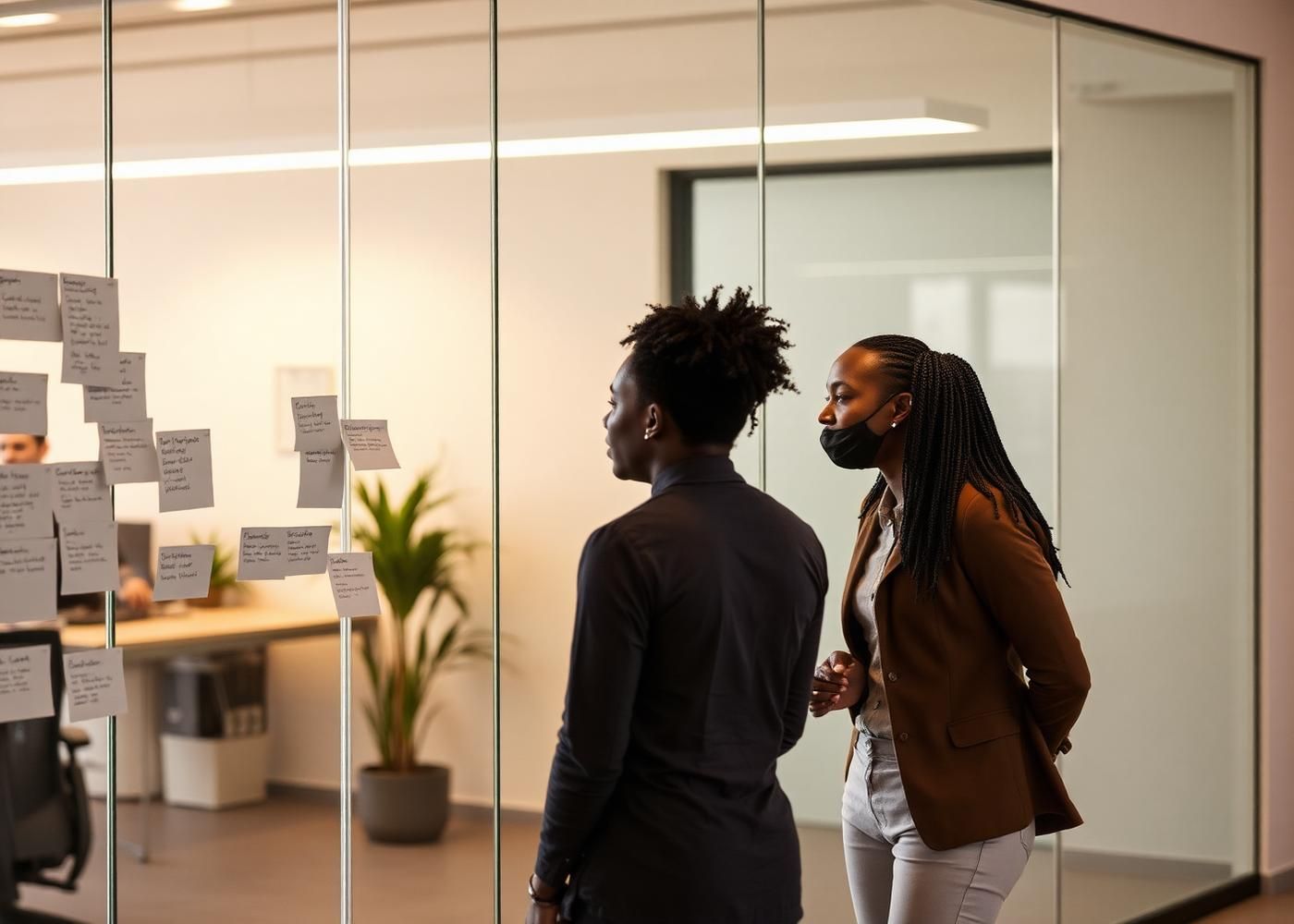 Two colleagues reviewing brand strategy notes